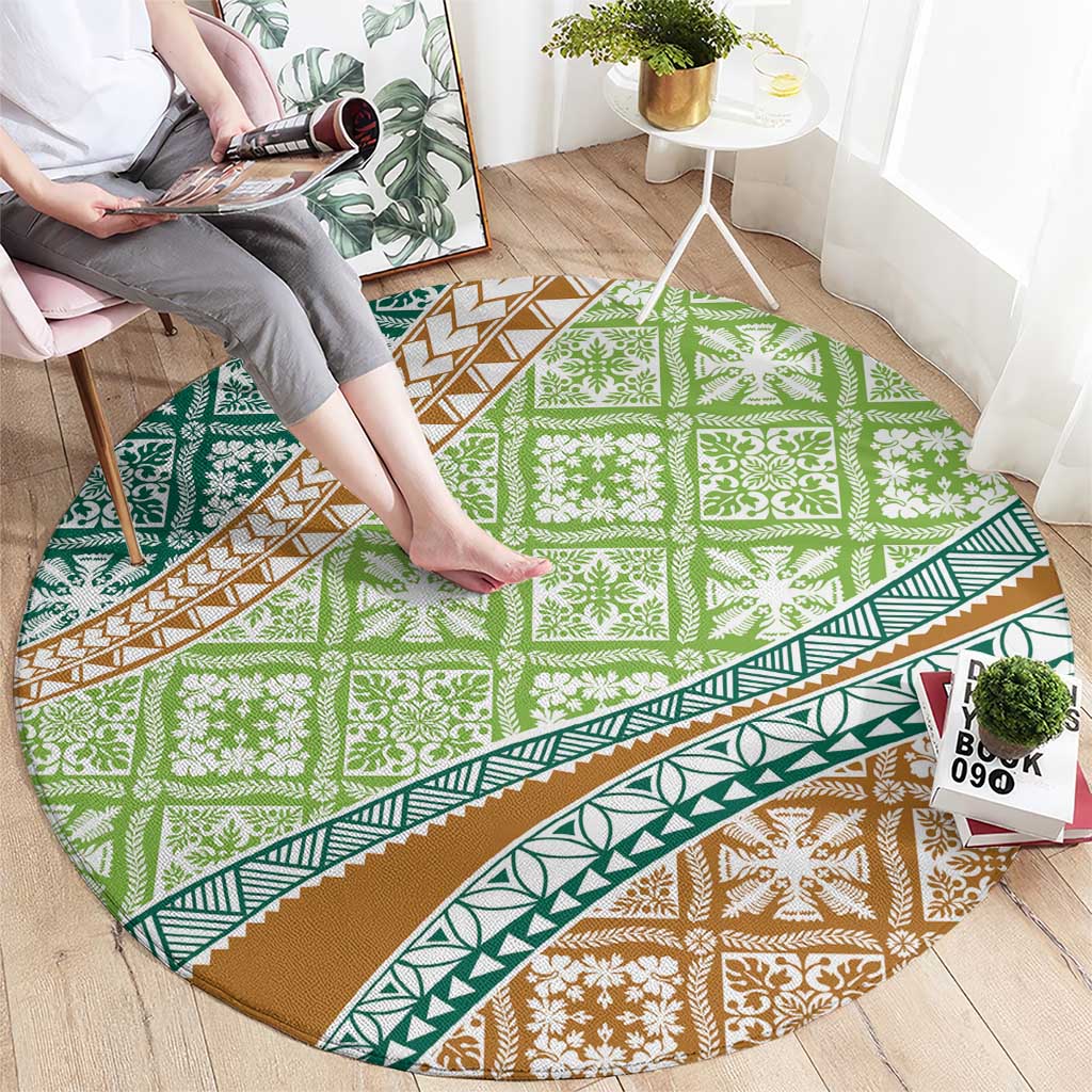 Hawaiian Quilt Pattern Round Carpet Green Chestnut Color Mixed - Polynesian Pride