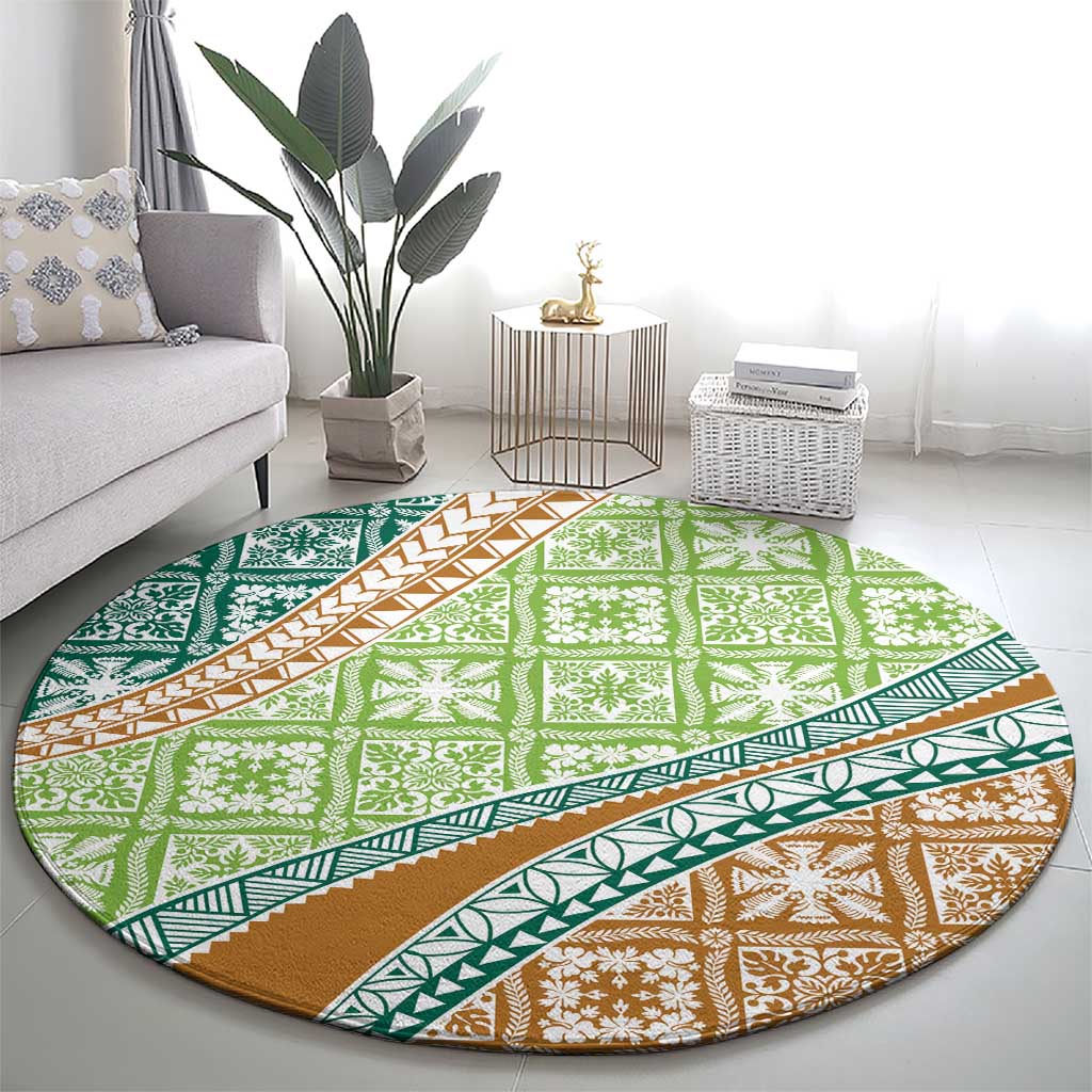 Hawaiian Quilt Pattern Round Carpet Green Chestnut Color Mixed - Polynesian Pride