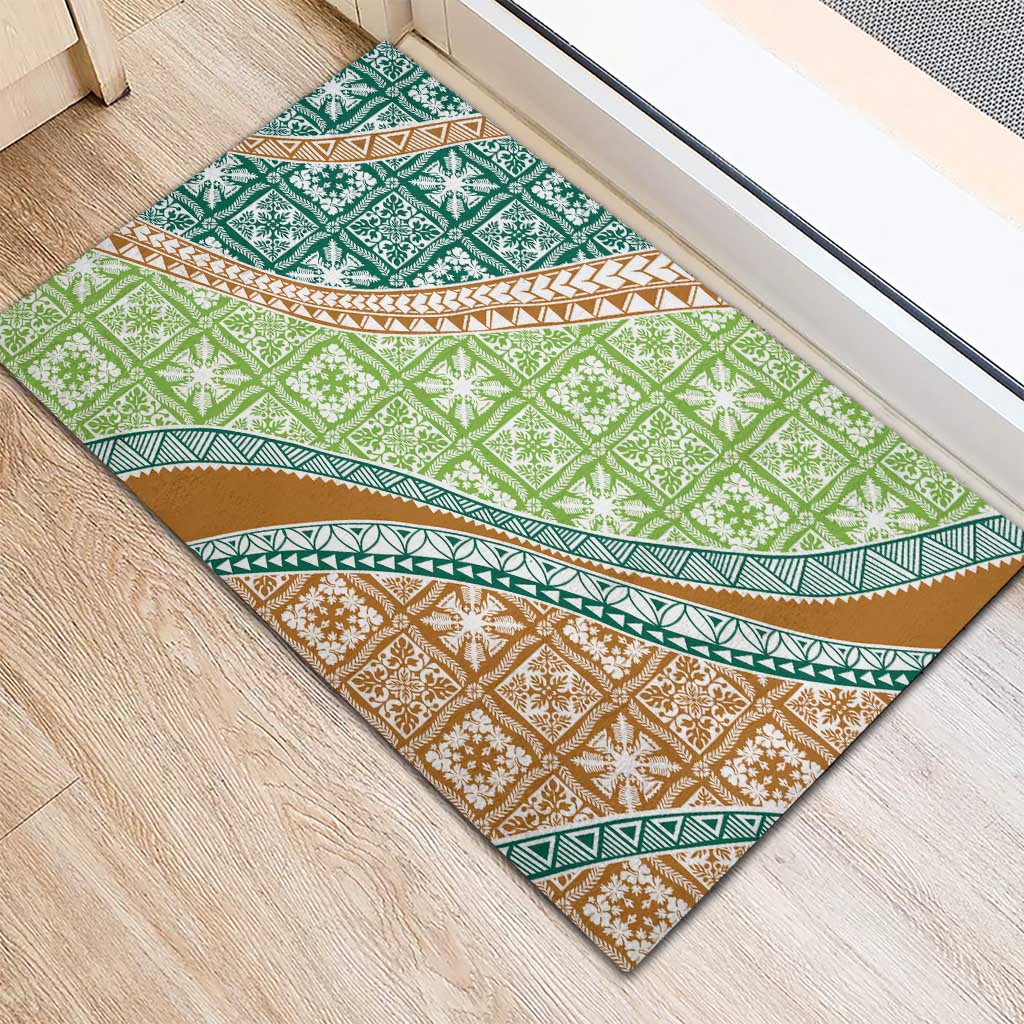 Hawaiian Quilt Pattern Rubber Doormat Green Chestnut Color Mixed - Polynesian Pride