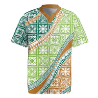 Hawaiian Quilt Pattern Rugby Jersey Green Chestnut Color Mixed - Polynesian Pride