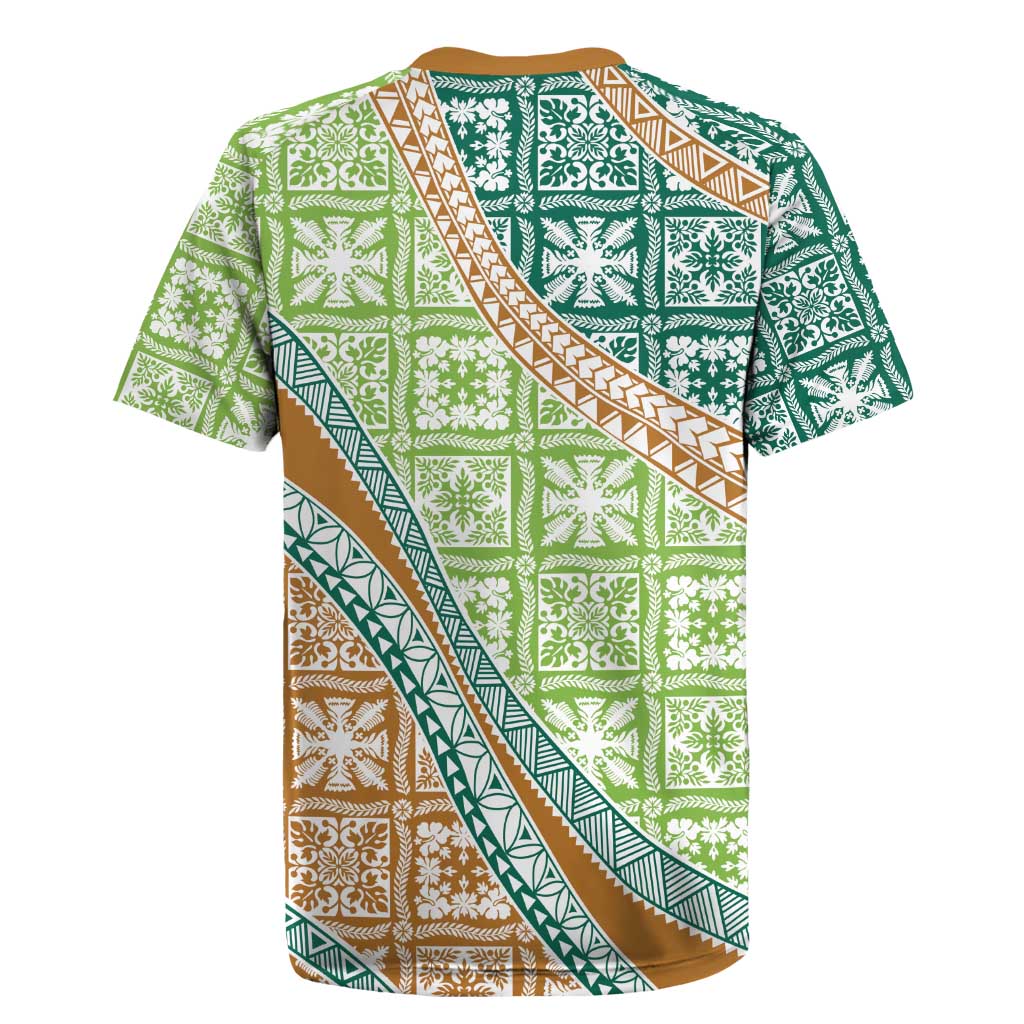 Hawaiian Quilt Pattern Rugby Jersey Green Chestnut Color Mixed - Polynesian Pride