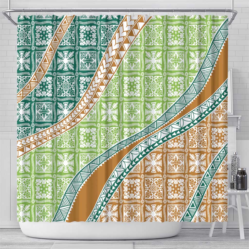 Hawaiian Quilt Pattern Shower Curtain Green Chestnut Color Mixed - Polynesian Pride