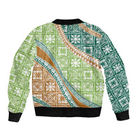 Hawaiian Quilt Pattern Sleeve Zip Bomber Jacket Green Chestnut Color Mixed - Polynesian Pride