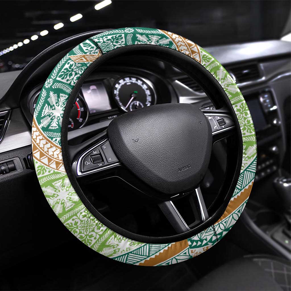 Hawaiian Quilt Pattern Steering Wheel Cover Green Chestnut Color Mixed - Polynesian Pride