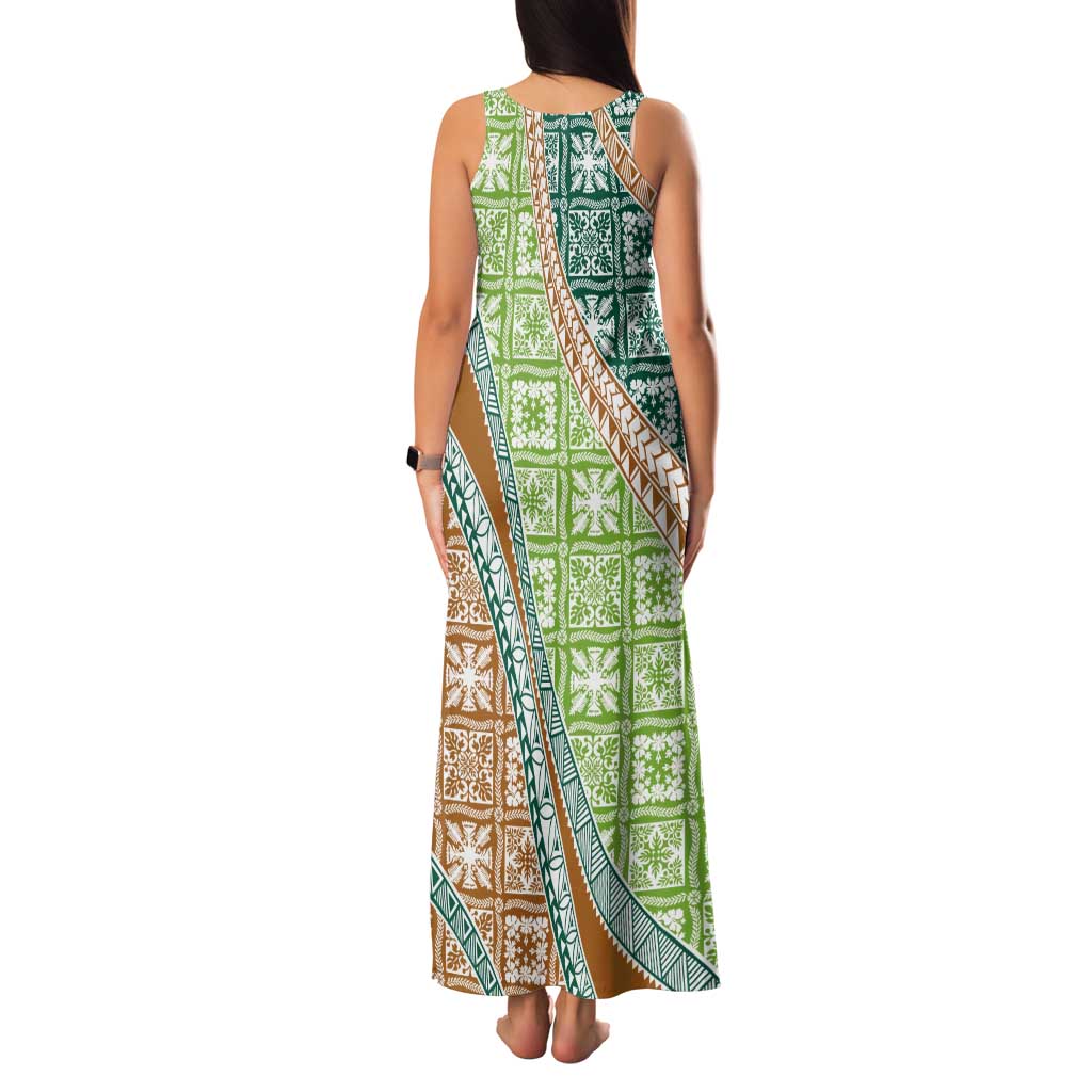Hawaiian Quilt Pattern Tank Maxi Dress Green Chestnut Color Mixed - Polynesian Pride