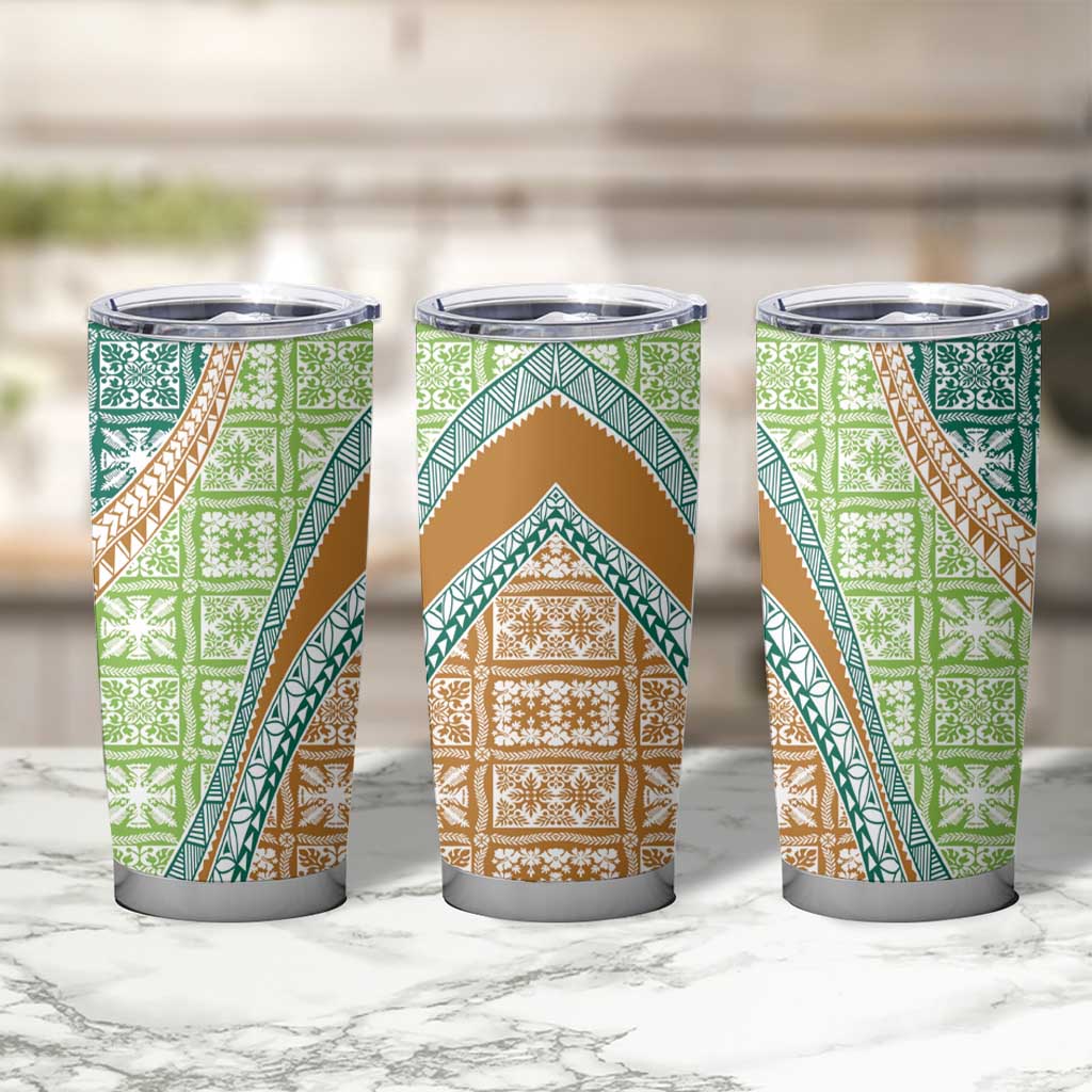 Hawaiian Quilt Pattern Tumbler Cup Green Chestnut Color Mixed - Polynesian Pride