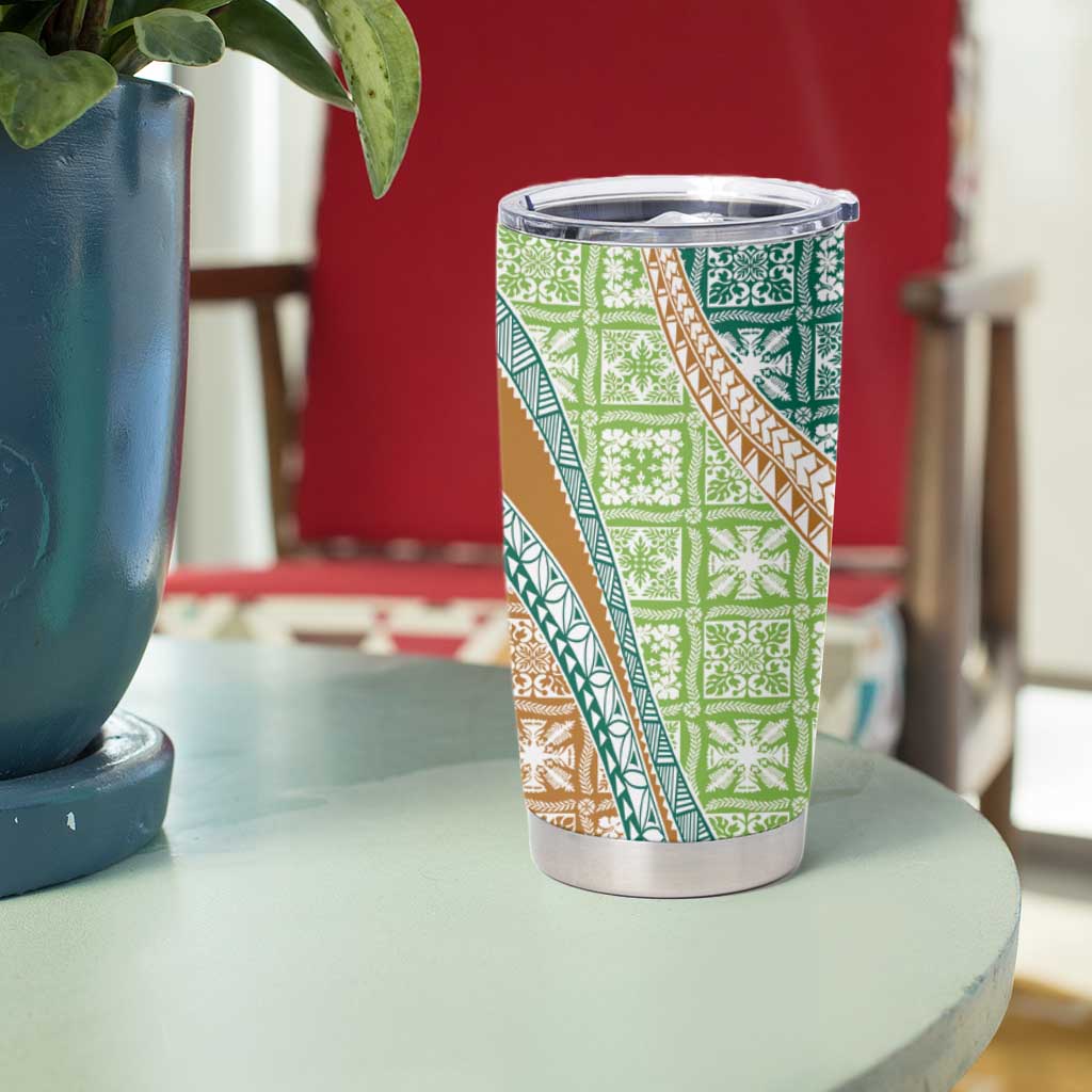 Hawaiian Quilt Pattern Tumbler Cup Green Chestnut Color Mixed - Polynesian Pride