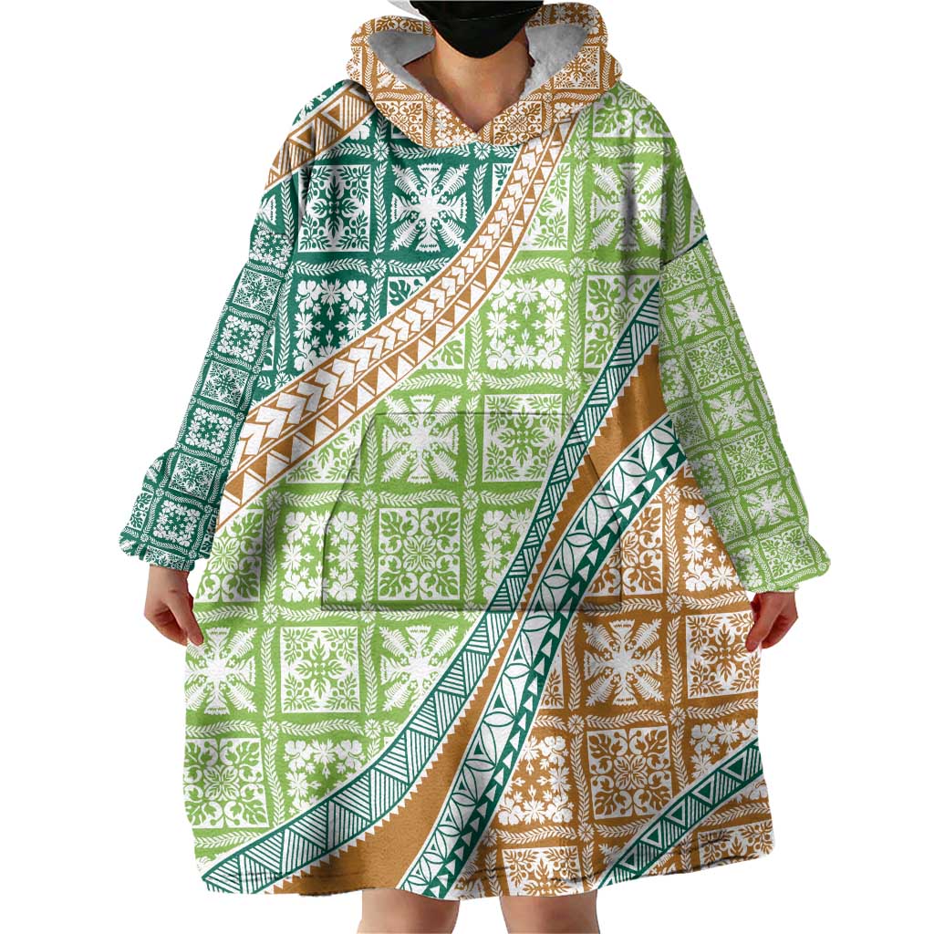 Hawaiian Quilt Pattern Wearable Blanket Hoodie Green Chestnut Color Mixed - Polynesian Pride