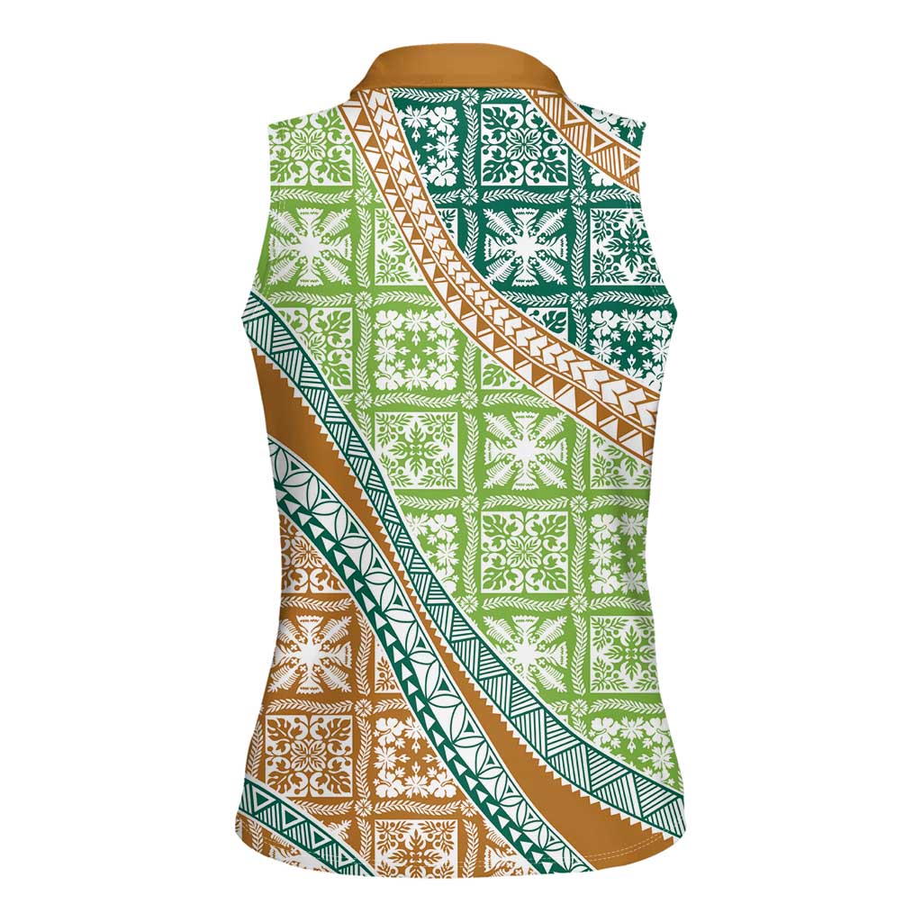 Hawaiian Quilt Pattern Women Sleeveless Polo Shirt Green Chestnut Color Mixed - Polynesian Pride