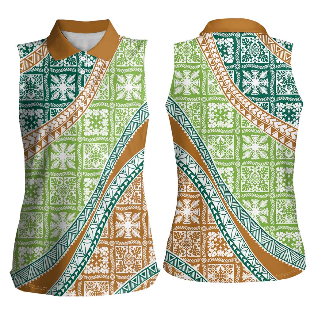 Hawaiian Quilt Pattern Women Sleeveless Polo Shirt Green Chestnut Color Mixed - Polynesian Pride
