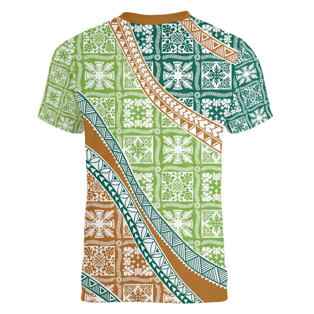 Hawaiian Quilt Pattern Women V-Neck T-Shirt Green Chestnut Color Mixed - Polynesian Pride