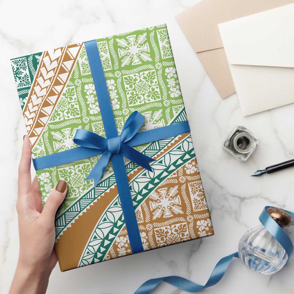 Hawaiian Quilt Pattern Wrapping Paper Green Chestnut Color Mixed - Polynesian Pride