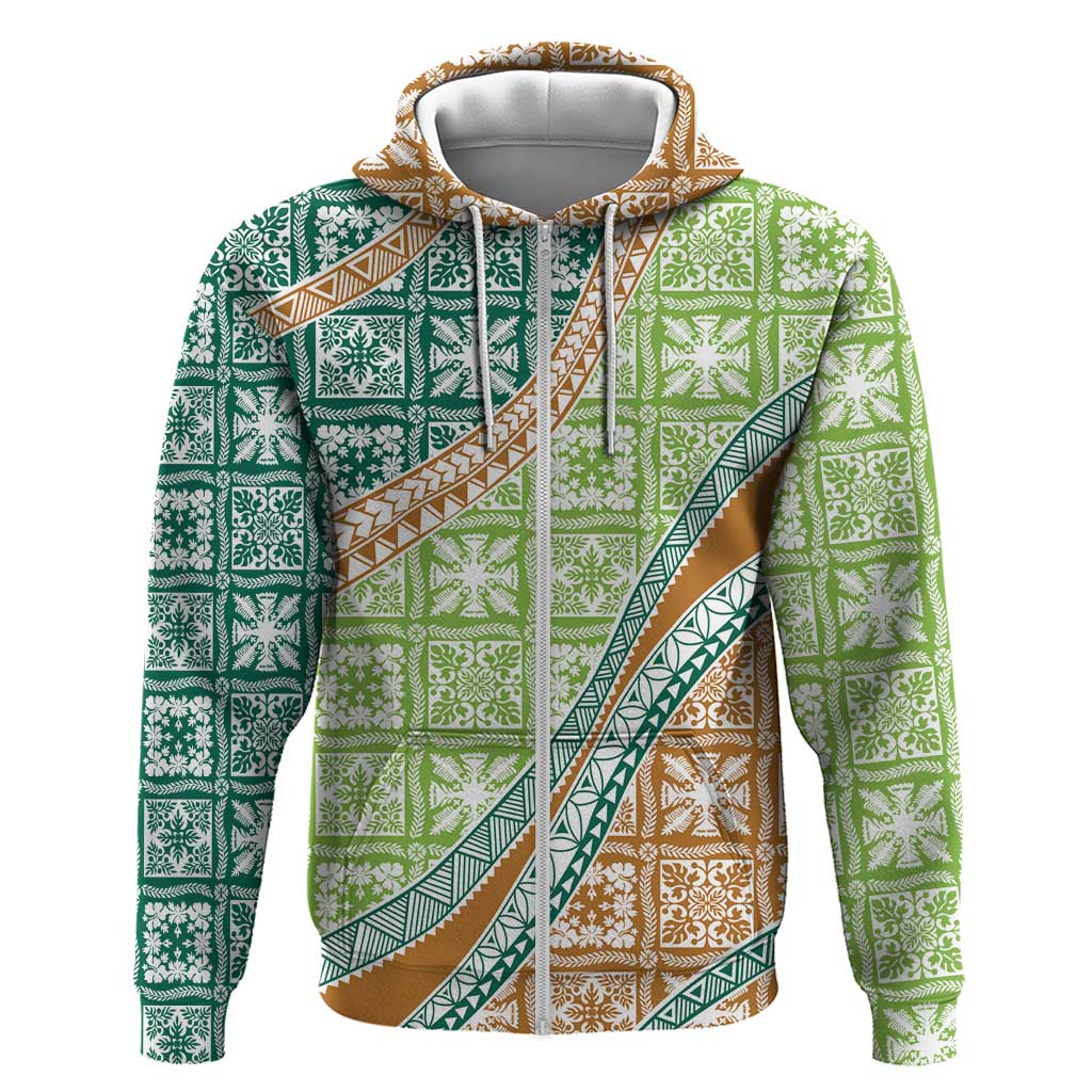 Hawaiian Quilt Pattern Zip Hoodie Green Chestnut Color Mixed - Polynesian Pride