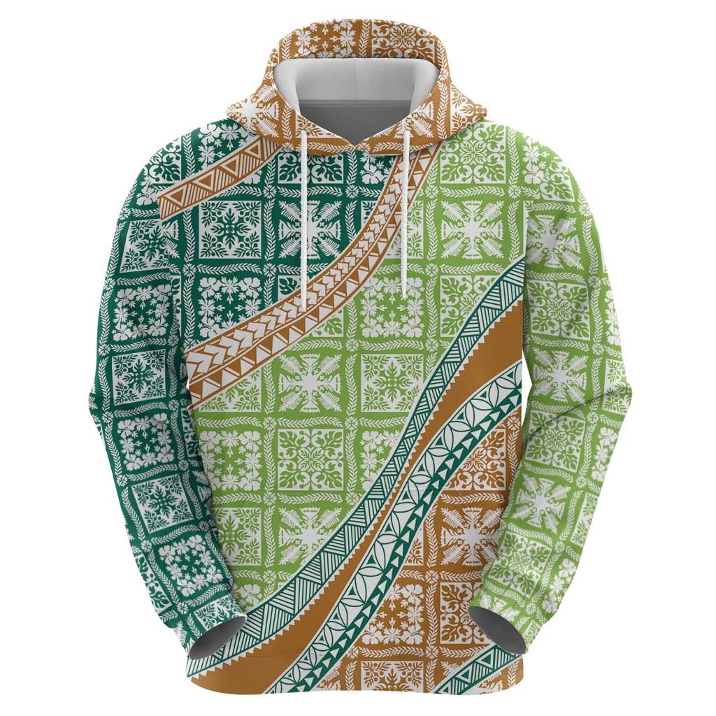 Hawaiian Quilt Pattern Zip Hoodie Green Chestnut Color Mixed - Polynesian Pride