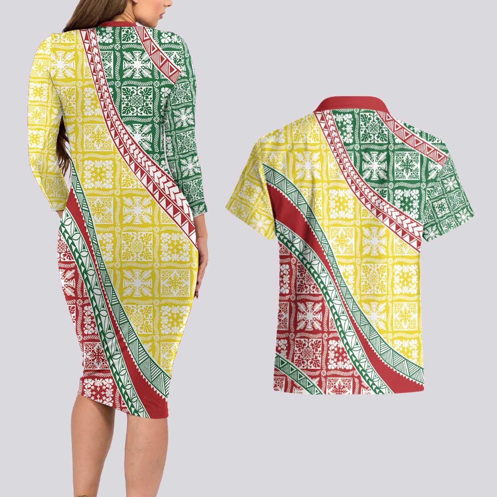 Hawaiian Quilt Pattern Couples Matching Long Sleeve Bodycon Dress and Hawaiian Shirt Special Color Mixed - Polynesian Pride