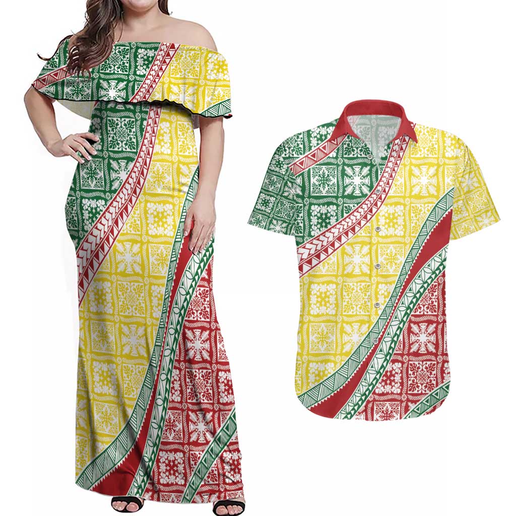 Hawaiian Quilt Pattern Couples Matching Off Shoulder Maxi Dress and Hawaiian Shirt Special Color Mixed - Polynesian Pride