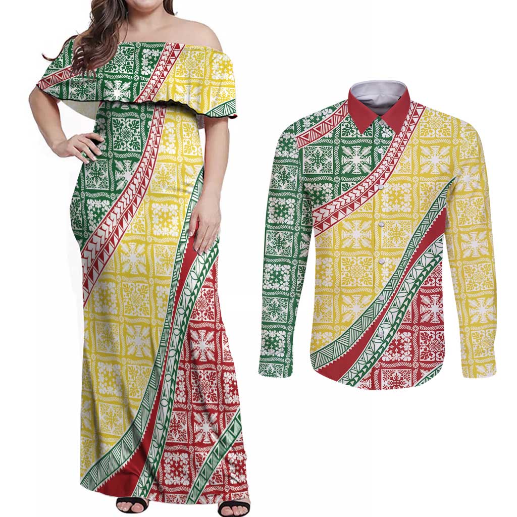 Hawaiian Quilt Pattern Couples Matching Off Shoulder Maxi Dress and Long Sleeve Button Shirt Special Color Mixed - Polynesian Pride