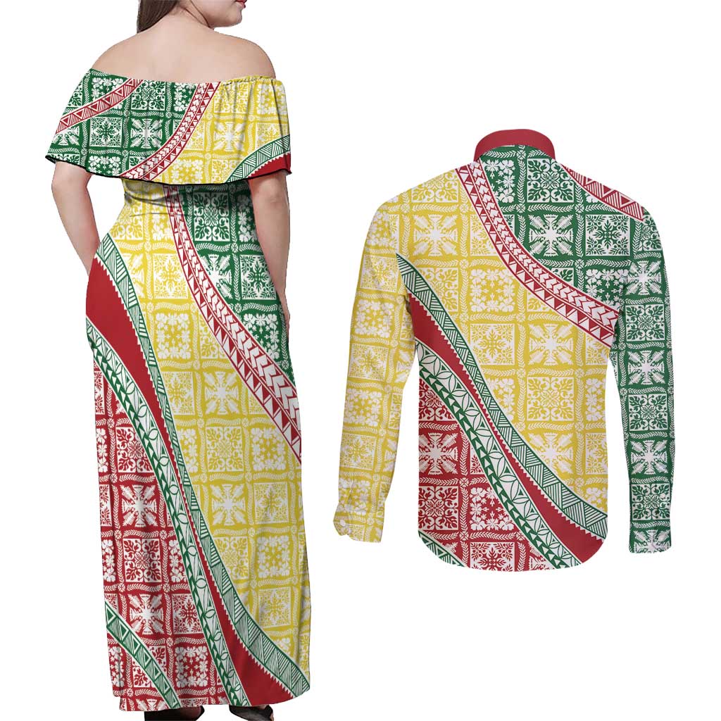 Hawaiian Quilt Pattern Couples Matching Off Shoulder Maxi Dress and Long Sleeve Button Shirt Special Color Mixed - Polynesian Pride