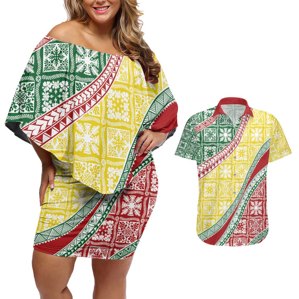 Hawaiian Quilt Pattern Couples Matching Off Shoulder Short Dress and Hawaiian Shirt Special Color Mixed - Polynesian Pride
