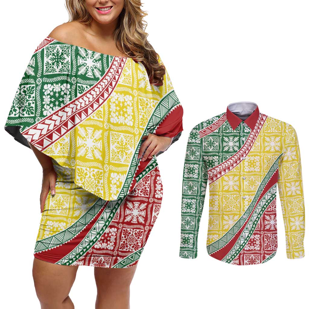 Hawaiian Quilt Pattern Couples Matching Off Shoulder Short Dress and Long Sleeve Button Shirt Special Color Mixed - Polynesian Pride