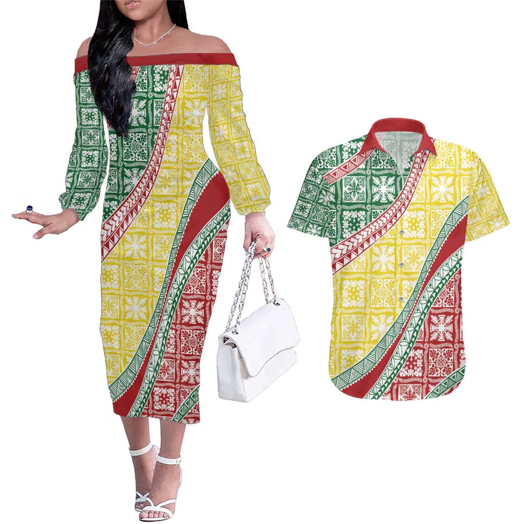 Hawaiian Quilt Pattern Couples Matching Off The Shoulder Long Sleeve Dress and Hawaiian Shirt Special Color Mixed - Polynesian Pride