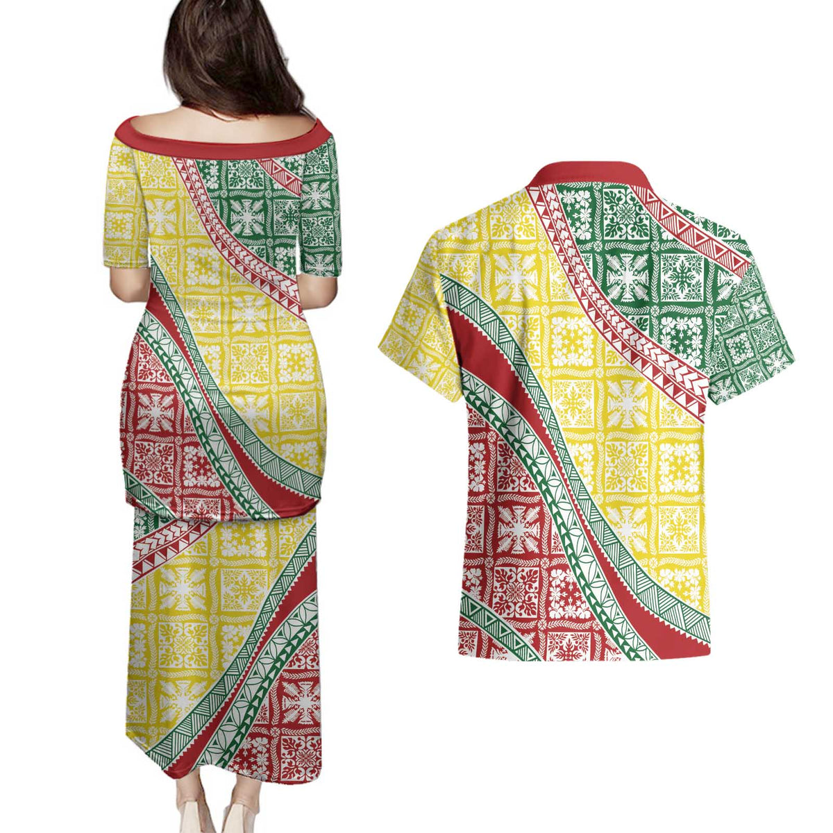 Hawaiian Quilt Pattern Couples Matching Puletasi and Hawaiian Shirt Special Color Mixed LT01 - Polynesian Pride