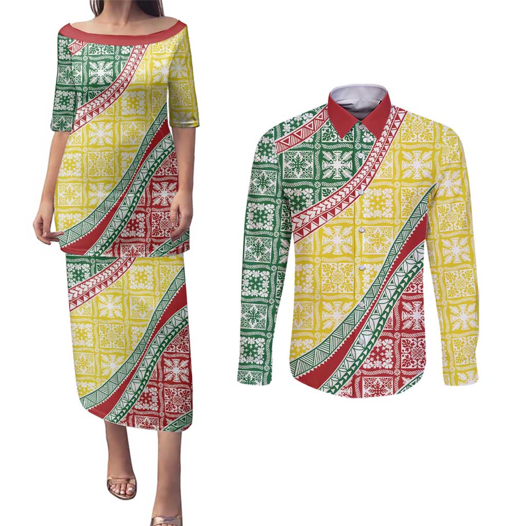 Hawaiian Quilt Pattern Couples Matching Puletasi and Long Sleeve Button Shirt Special Color Mixed - Polynesian Pride