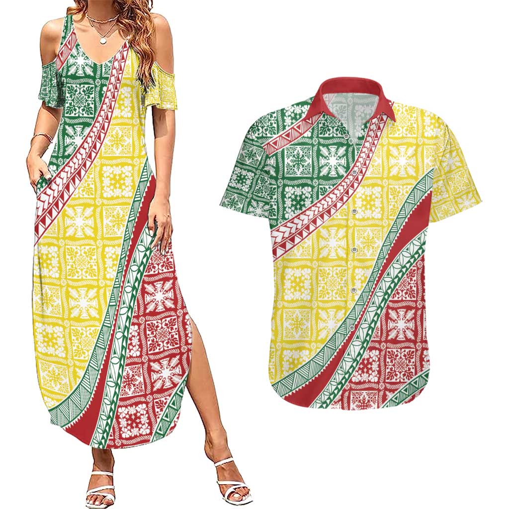 Hawaiian Quilt Pattern Couples Matching Summer Maxi Dress and Hawaiian Shirt Special Color Mixed - Polynesian Pride