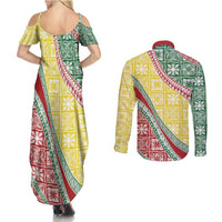 Hawaiian Quilt Pattern Couples Matching Summer Maxi Dress and Long Sleeve Button Shirt Special Color Mixed - Polynesian Pride