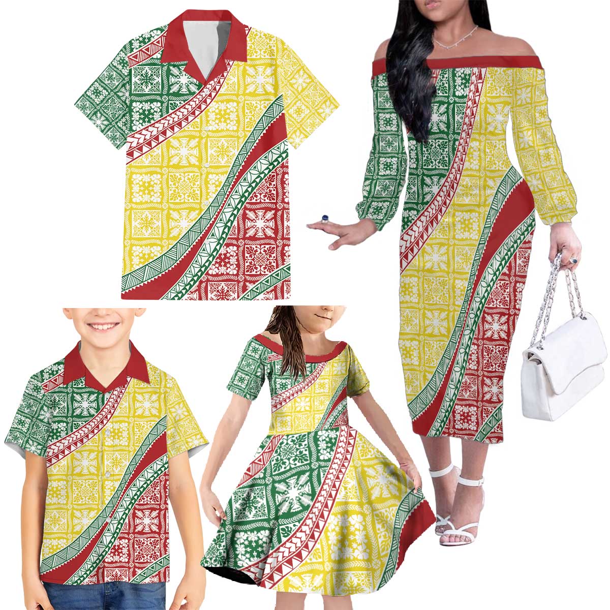 Hawaiian Quilt Pattern Family Matching Off The Shoulder Long Sleeve Dress and Hawaiian Shirt Special Color Mixed - Polynesian Pride