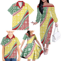 Hawaiian Quilt Pattern Family Matching Off The Shoulder Long Sleeve Dress and Hawaiian Shirt Special Color Mixed - Polynesian Pride