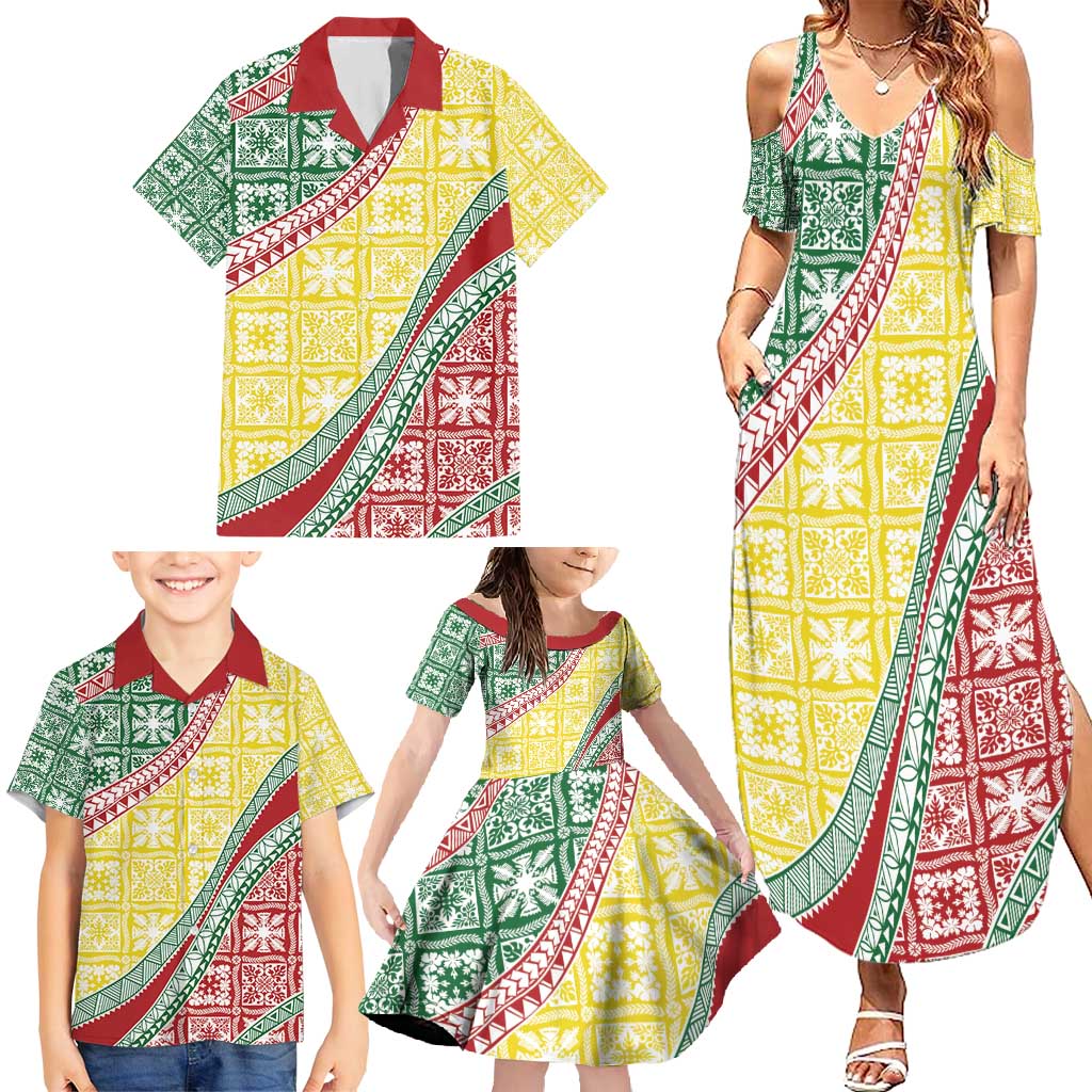 Hawaiian Quilt Pattern Family Matching Summer Maxi Dress and Hawaiian Shirt Special Color Mixed - Polynesian Pride