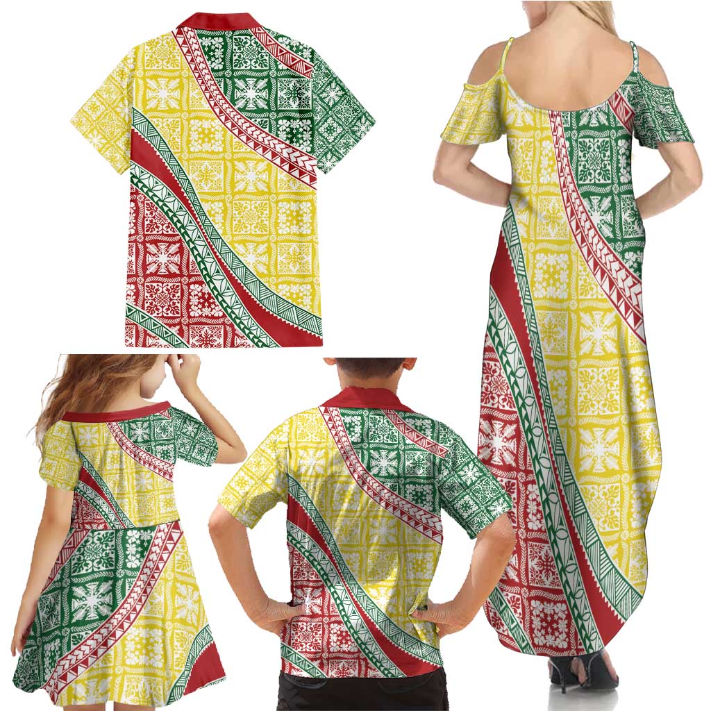 Hawaiian Quilt Pattern Family Matching Summer Maxi Dress and Hawaiian Shirt Special Color Mixed - Polynesian Pride