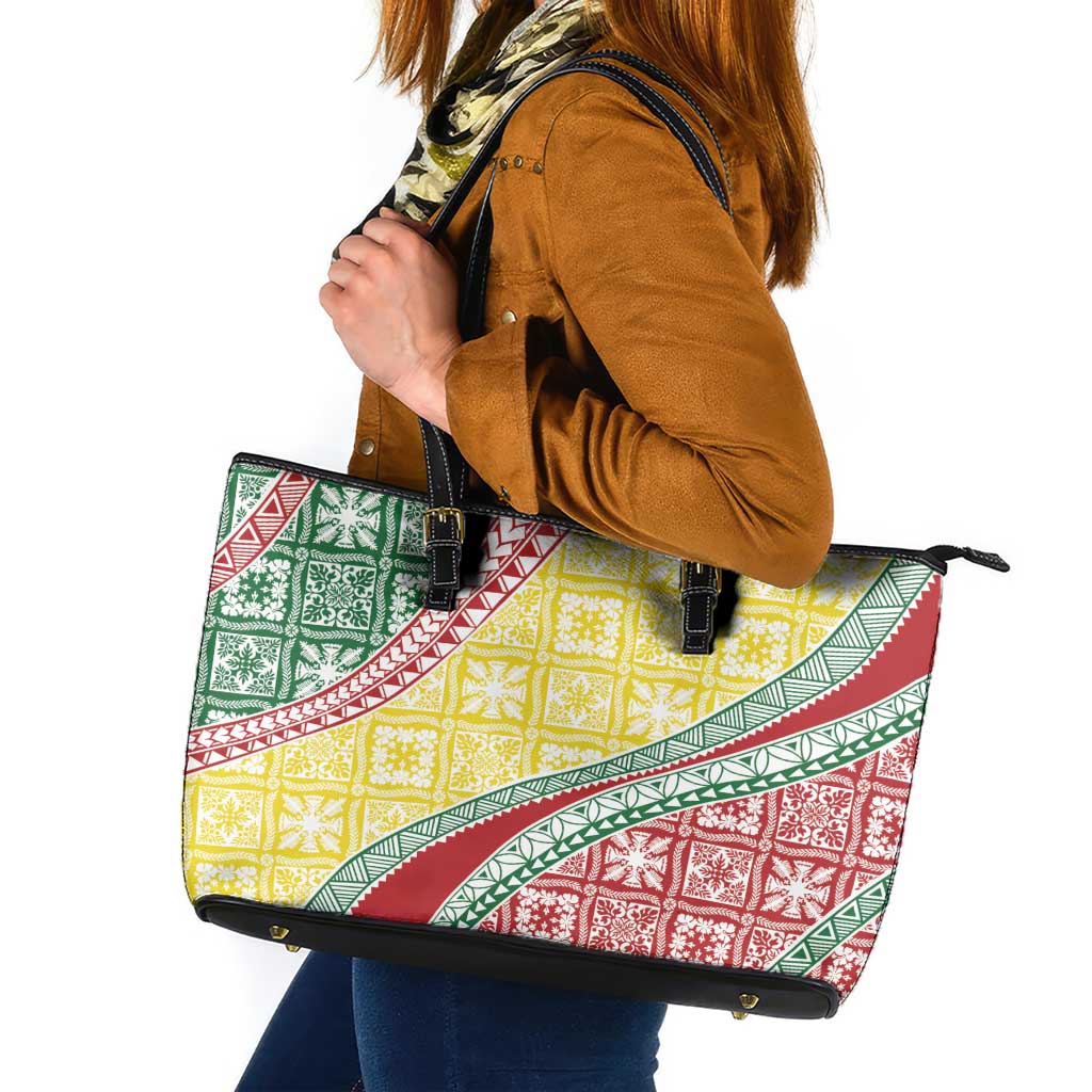 Hawaiian Quilt Pattern Leather Tote Bag Special Color Mixed - Polynesian Pride