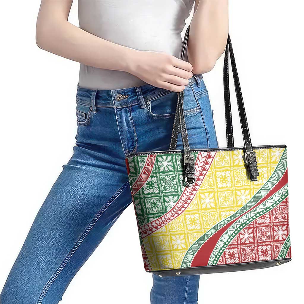 Hawaiian Quilt Pattern Leather Tote Bag Special Color Mixed - Polynesian Pride