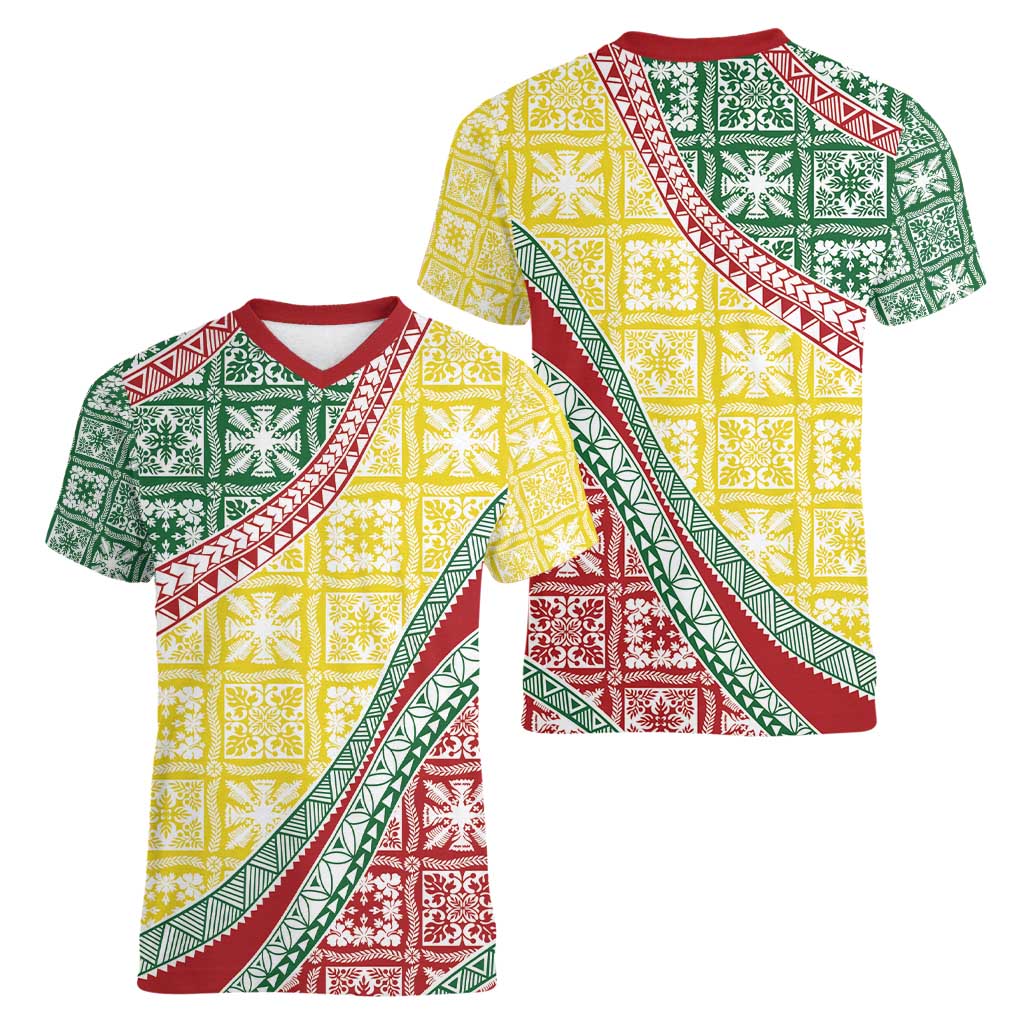 Hawaiian Quilt Pattern Women V-Neck T-Shirt Special Color Mixed - Polynesian Pride