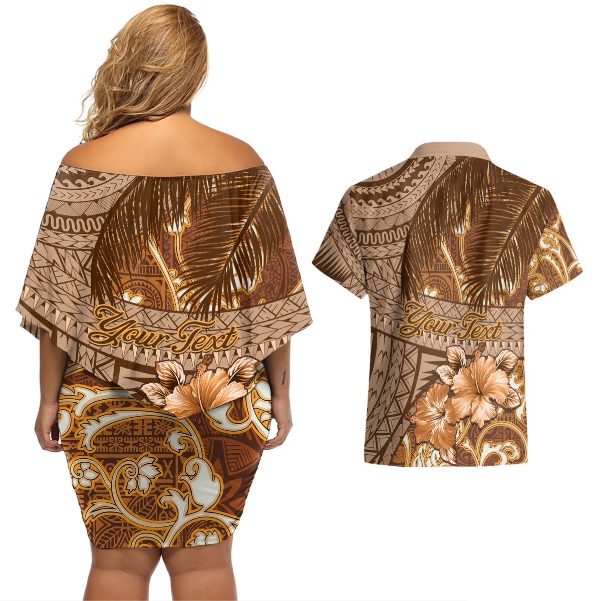 Personalised Fiji Masi Couples Matching Off Shoulder Short Dress and Hawaiian Shirt Bula Fijian Masi Tapa Vintage Style LT01 - Polynesian Pride