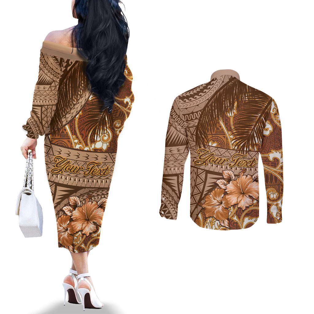 Personalised Fiji Masi Couples Matching Off The Shoulder Long Sleeve Dress and Long Sleeve Button Shirt Bula Fijian Masi Tapa Vintage Style LT01 - Polynesian Pride