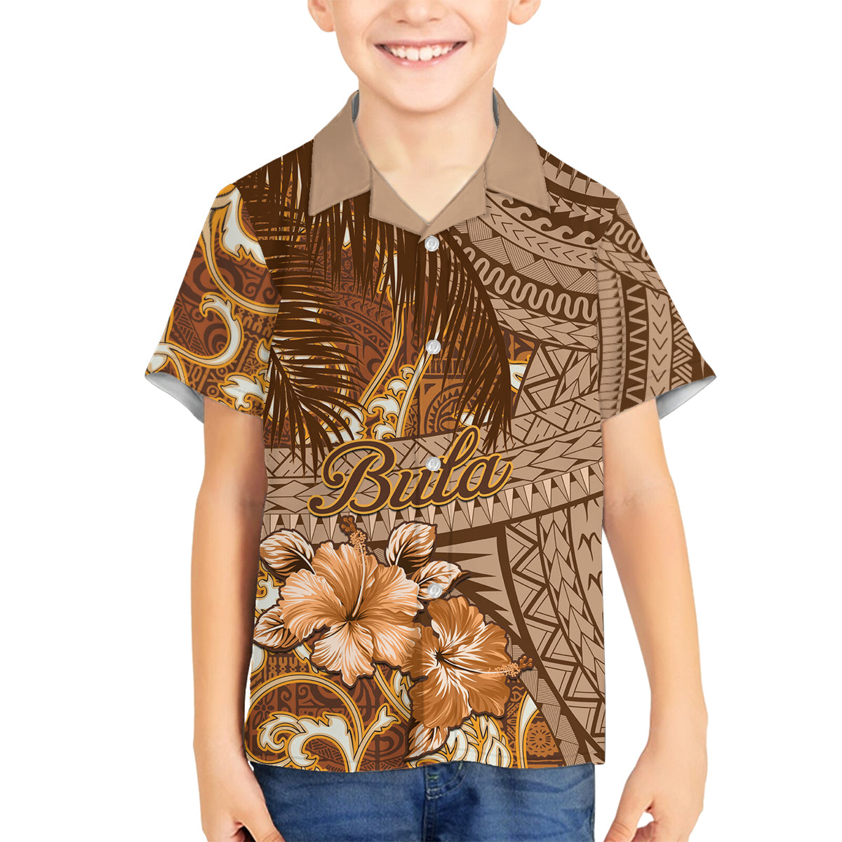 Personalised Fiji Masi Family Matching Off Shoulder Long Sleeve Dress and Hawaiian Shirt Bula Fijian Masi Tapa Vintage Style LT01 Son's Shirt Brown - Polynesian Pride