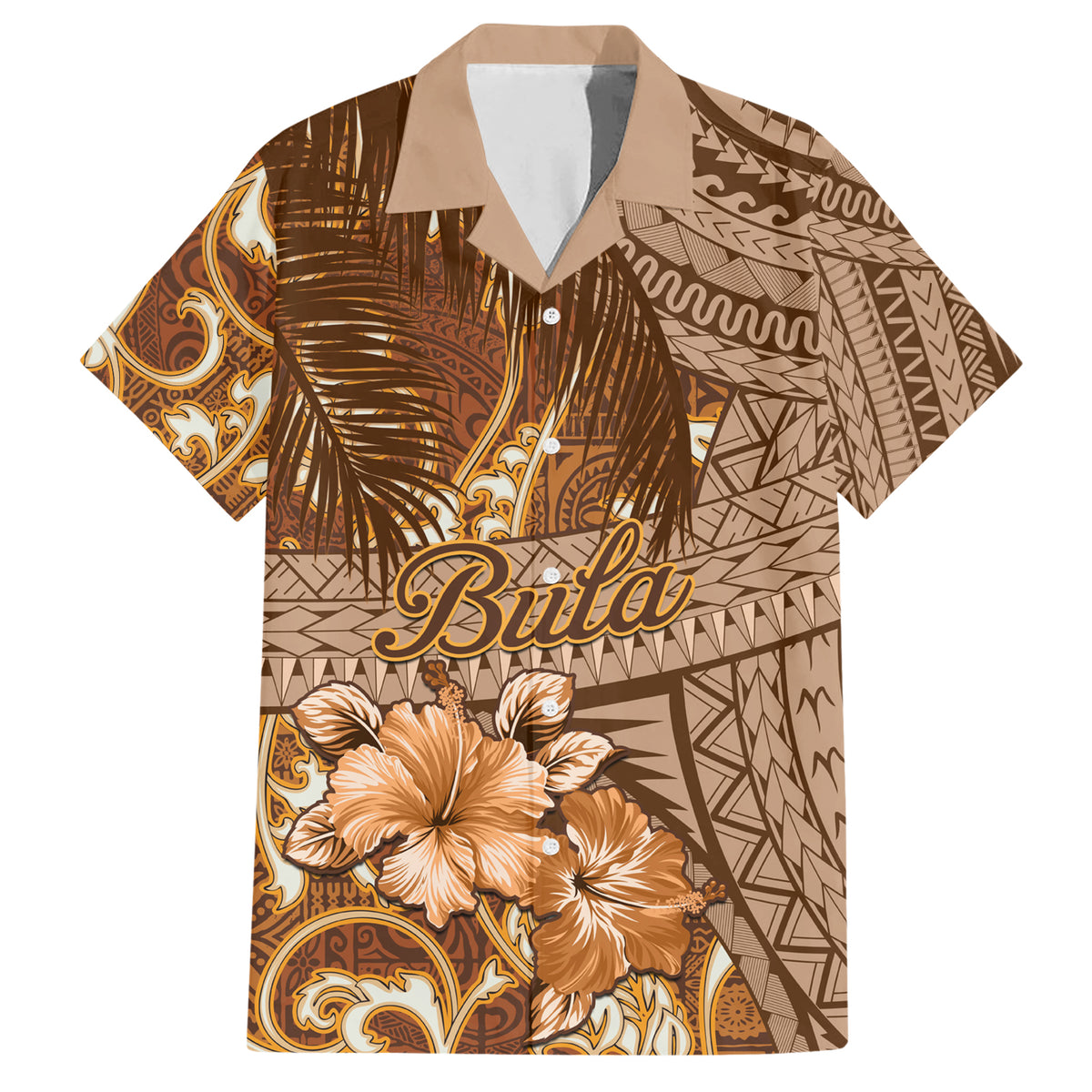 Personalised Fiji Masi Family Matching Short Sleeve Bodycon Dress and Hawaiian Shirt Bula Fijian Masi Tapa Vintage Style LT01 Dad's Shirt - Short Sleeve Brown - Polynesian Pride