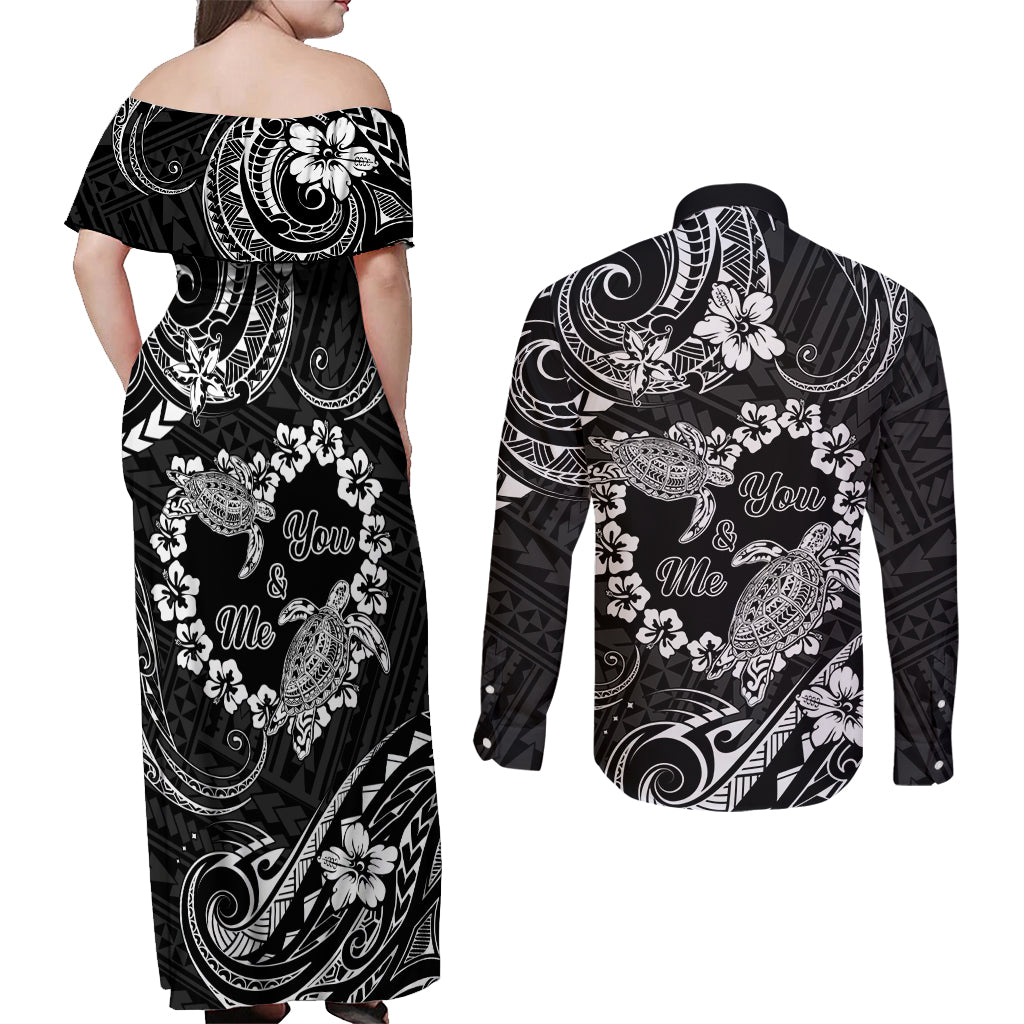 Polynesian Turtle Valentine Couples Matching Off Shoulder Maxi Dress and Long Sleeve Button Shirt You And Me Hibiscus Heart LT01 - Polynesian Pride