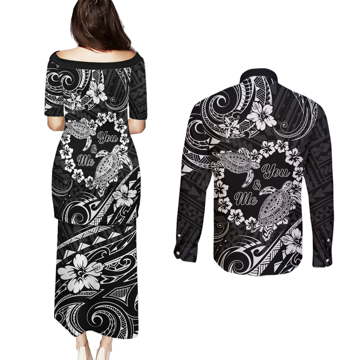 Polynesian Turtle Valentine Couples Matching Puletasi and Long Sleeve Button Shirt You And Me Hibiscus Heart LT01 - Polynesian Pride