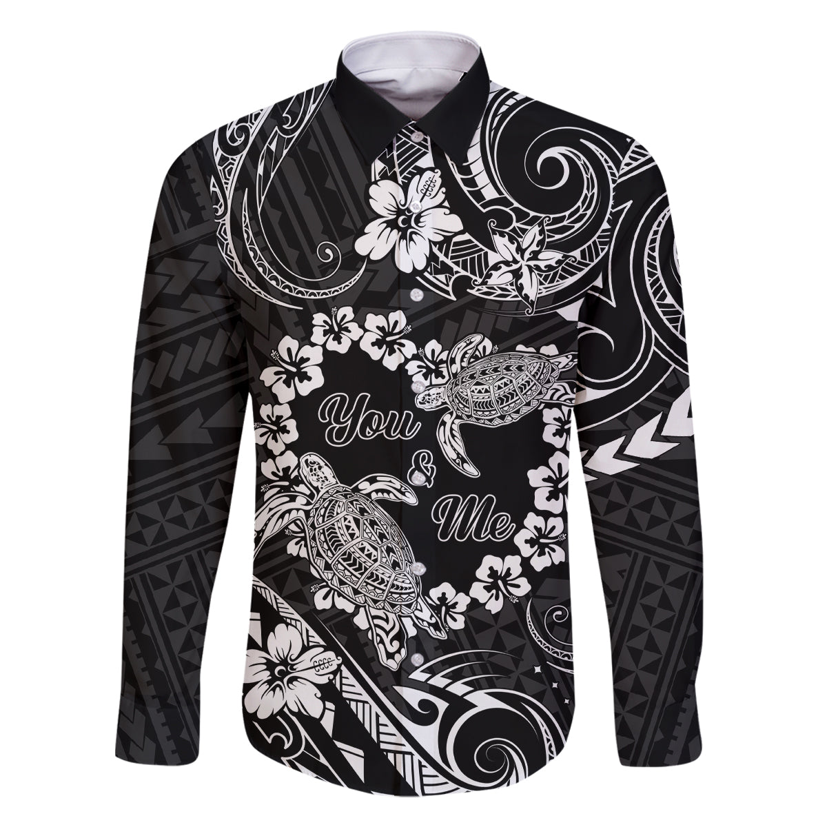 Polynesian Turtle Valentine Family Matching Off Shoulder Long Sleeve Dress and Hawaiian Shirt You And Me Hibiscus Heart LT01 Dad's Shirt - Long Sleeve Black - Polynesian Pride