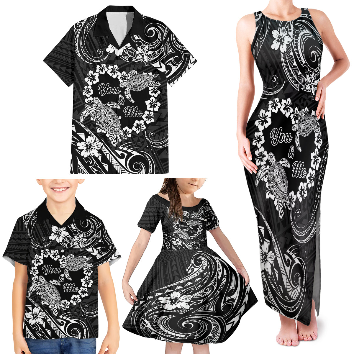 Polynesian Turtle Valentine Family Matching Tank Maxi Dress and Hawaiian Shirt You And Me Hibiscus Heart LT01 - Polynesian Pride