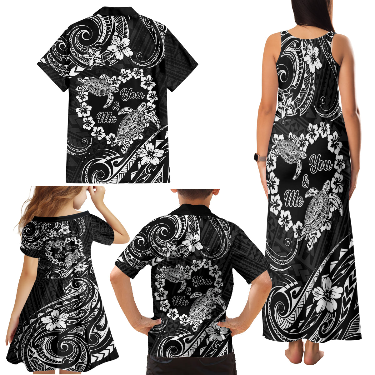 Polynesian Turtle Valentine Family Matching Tank Maxi Dress and Hawaiian Shirt You And Me Hibiscus Heart LT01 - Polynesian Pride