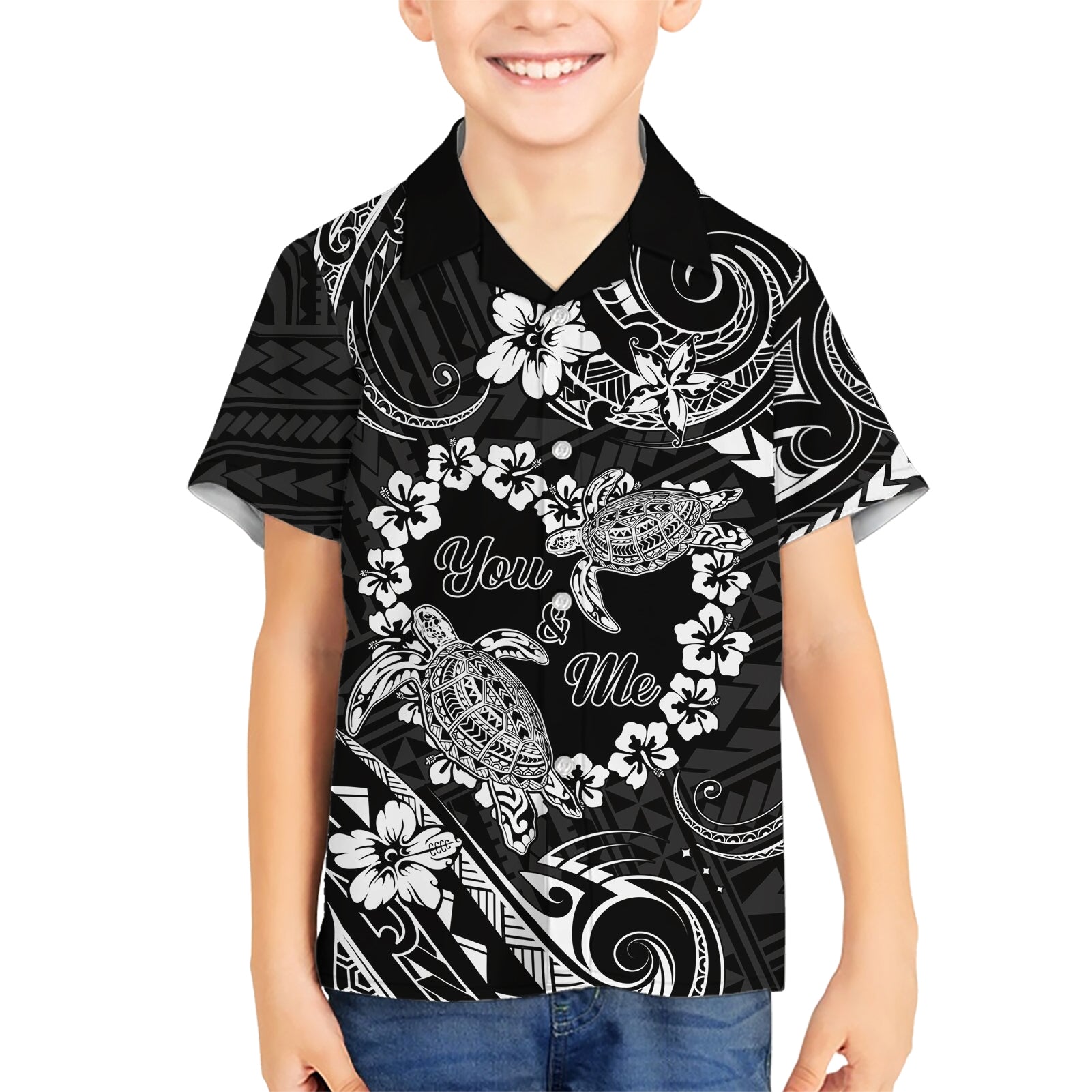 Polynesian Turtle Valentine Kid Hawaiian Shirt You And Me Hibiscus Heart LT01 Kid Black - Polynesian Pride