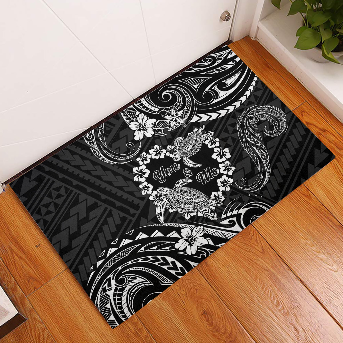 Polynesian Turtle Valentine Rubber Doormat You And Me Hibiscus Heart LT01 Black - Polynesian Pride