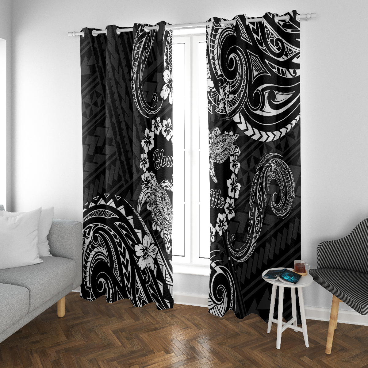 Polynesian Turtle Valentine Window Curtain You And Me Hibiscus Heart LT01 With Grommets Black - Polynesian Pride