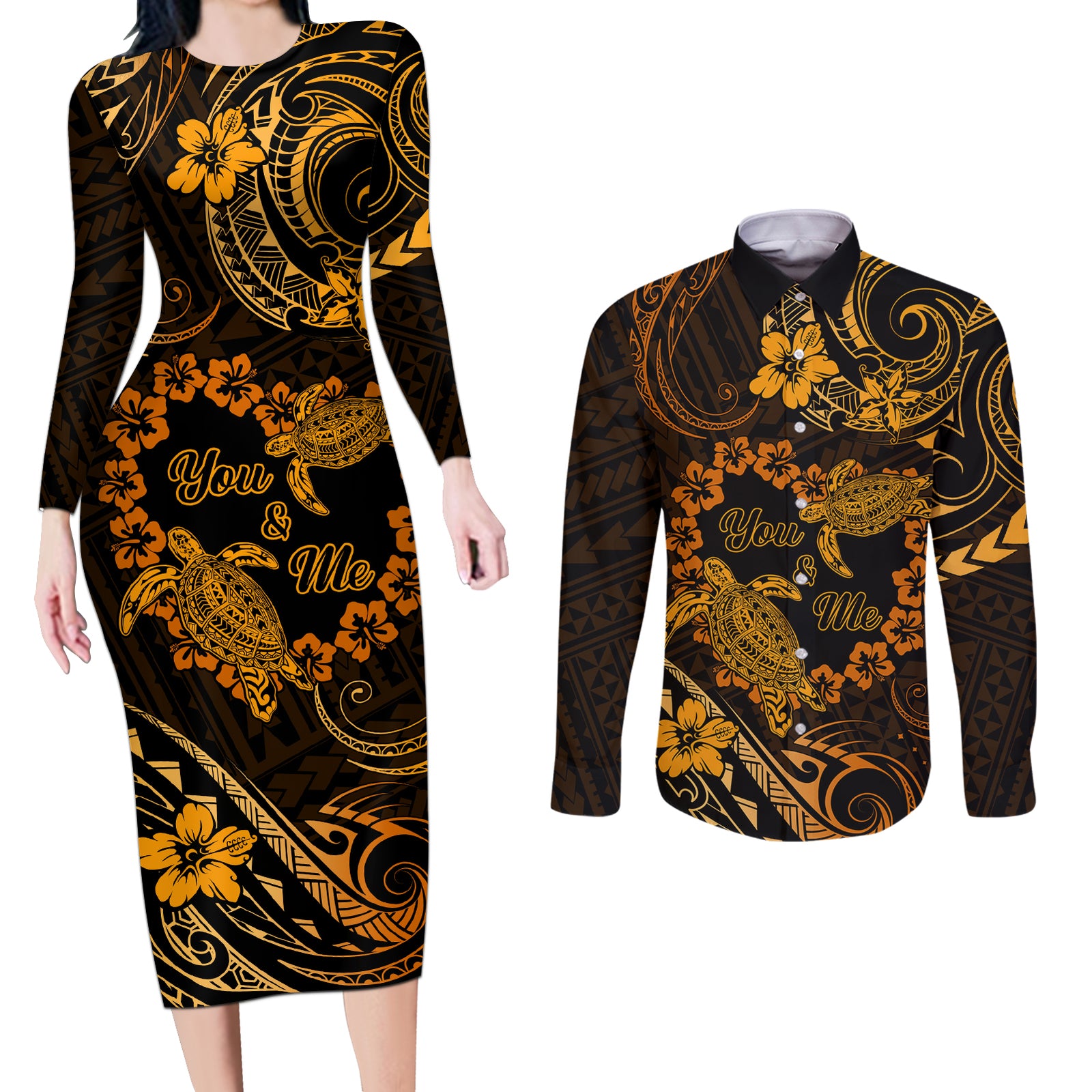 Polynesian Turtle Valentine Couples Matching Long Sleeve Bodycon Dress and Long Sleeve Button Shirt You And Me Gold Hibiscus Heart LT01 Gold - Polynesian Pride