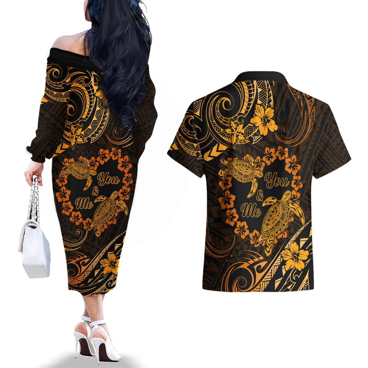 Polynesian Turtle Valentine Couples Matching Off The Shoulder Long Sleeve Dress and Hawaiian Shirt You And Me Gold Hibiscus Heart LT01 - Polynesian Pride